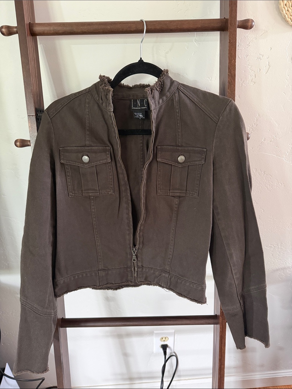 INC International Concepts Olive Brown Cropped Utility Jacket